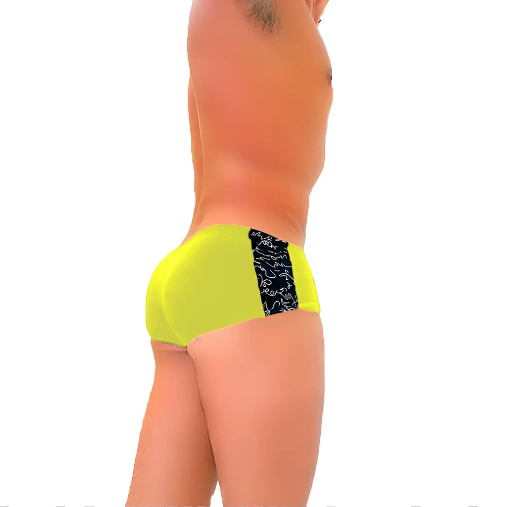Icker Sea Letters mini boxer brief underwear in vibrant neon yellow with black side panel and white abstract swirls