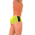 Icker Sea Letters mini boxer brief underwear in vibrant neon yellow with black side panel and white abstract swirls