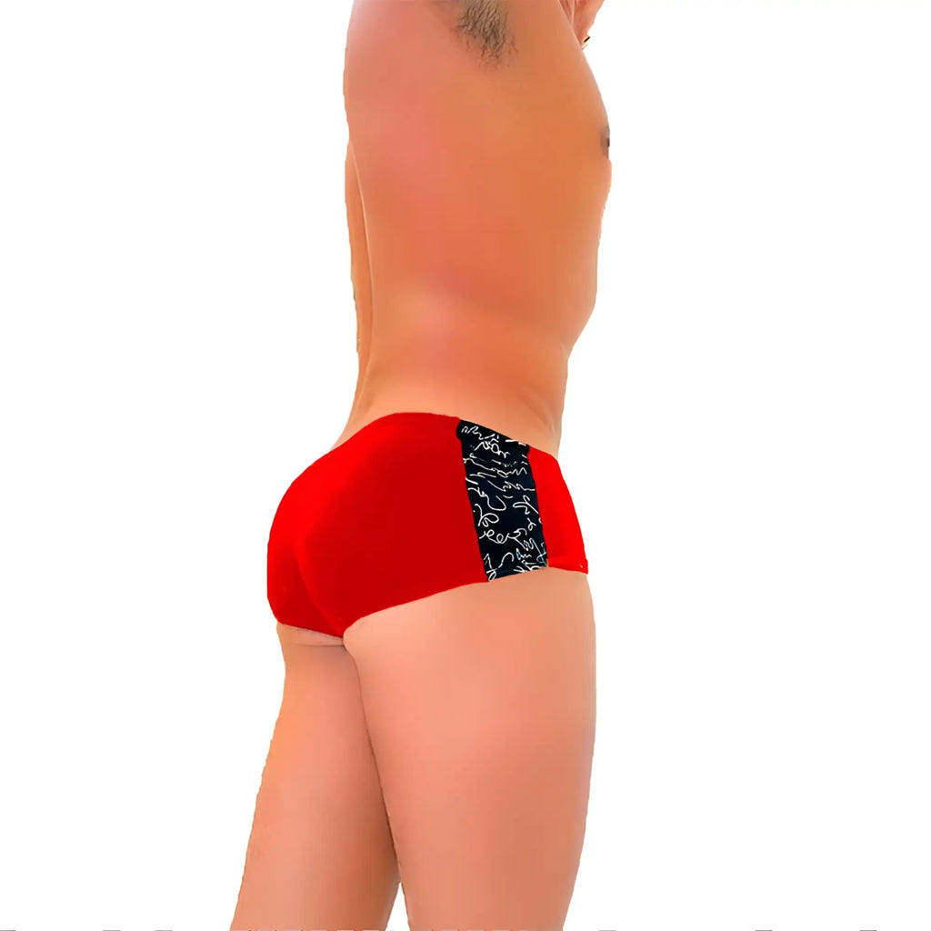 Icker sea letters mini boxer brief underwear in red with a black side panel featuring white abstract swirls