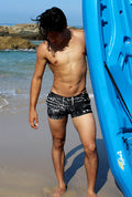 Icker Sea Letters square cut trunk swimwear black with white graffiti lettering and a drawstring waistband