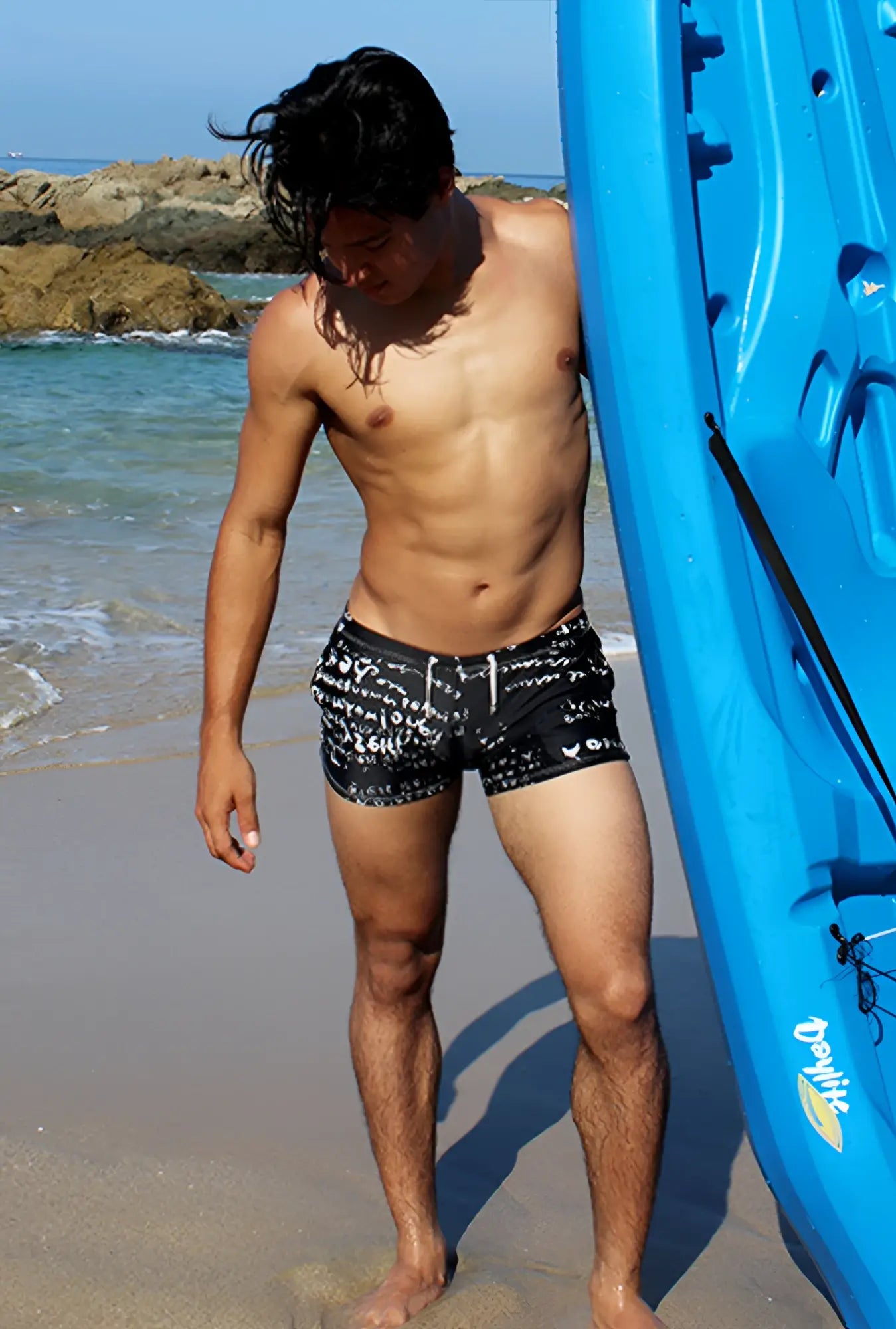 Icker Sea Letters square cut trunk swimwear black with white graffiti lettering and a drawstring waistband