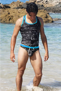 Black and teal Icker Sea Letters swim trunks with mathematical equation print in COB-15-12 design