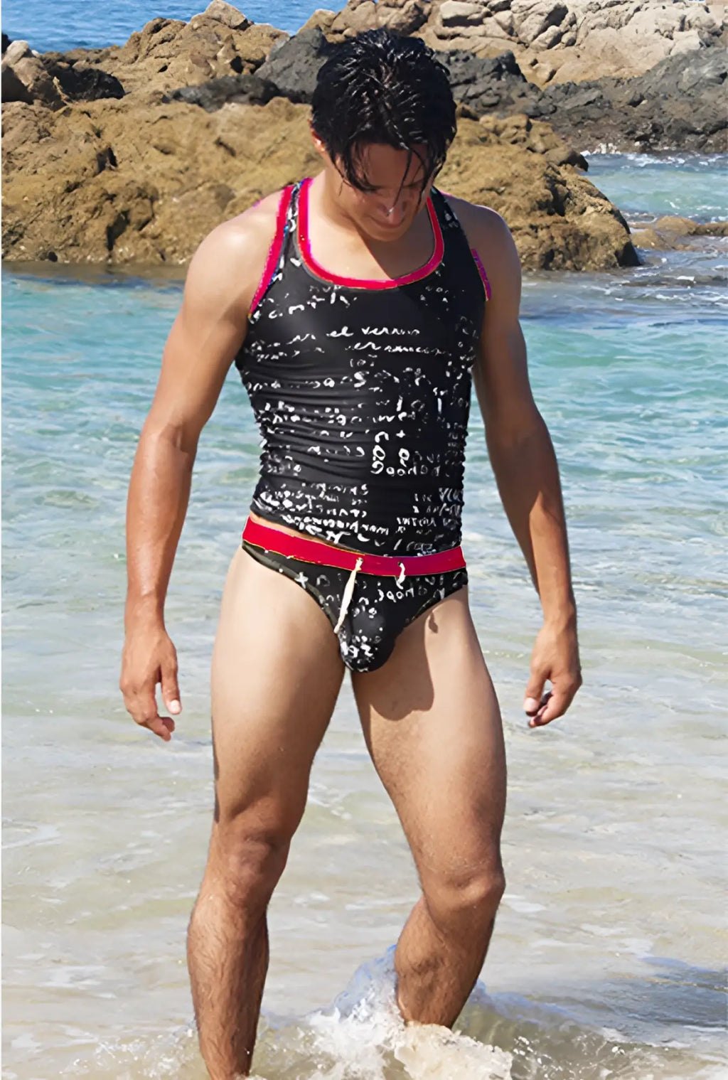 Icker sea letters tank top black red swimwear set with white math equations and red trim on neckline and waistband