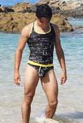 Black one-piece swimsuit with yellow trim and white mathematical equations from icker sea letters tank top set