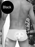 Black icker sea lifeguard brazilian square cut trunk swimwear with white circular logo featuring a cross and text
