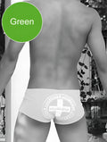 Green icker sea lifeguard brazilian square cut trunk swimwear with white circular cross logo on the front
