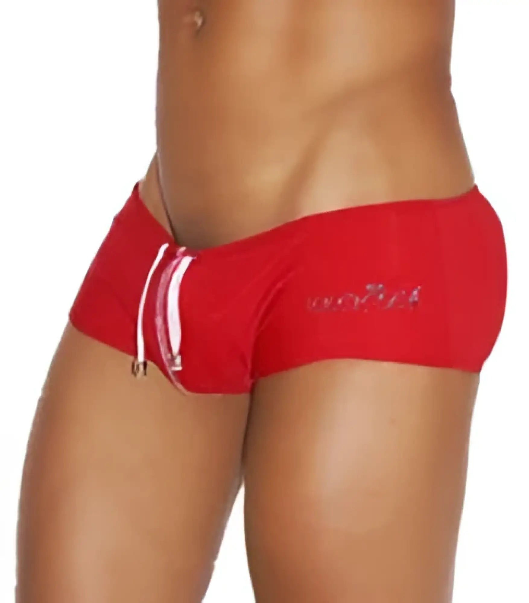Icker Sea Lifeguard Brazilian square cut red swim trunks with white drawstrings and a silver logo on the side