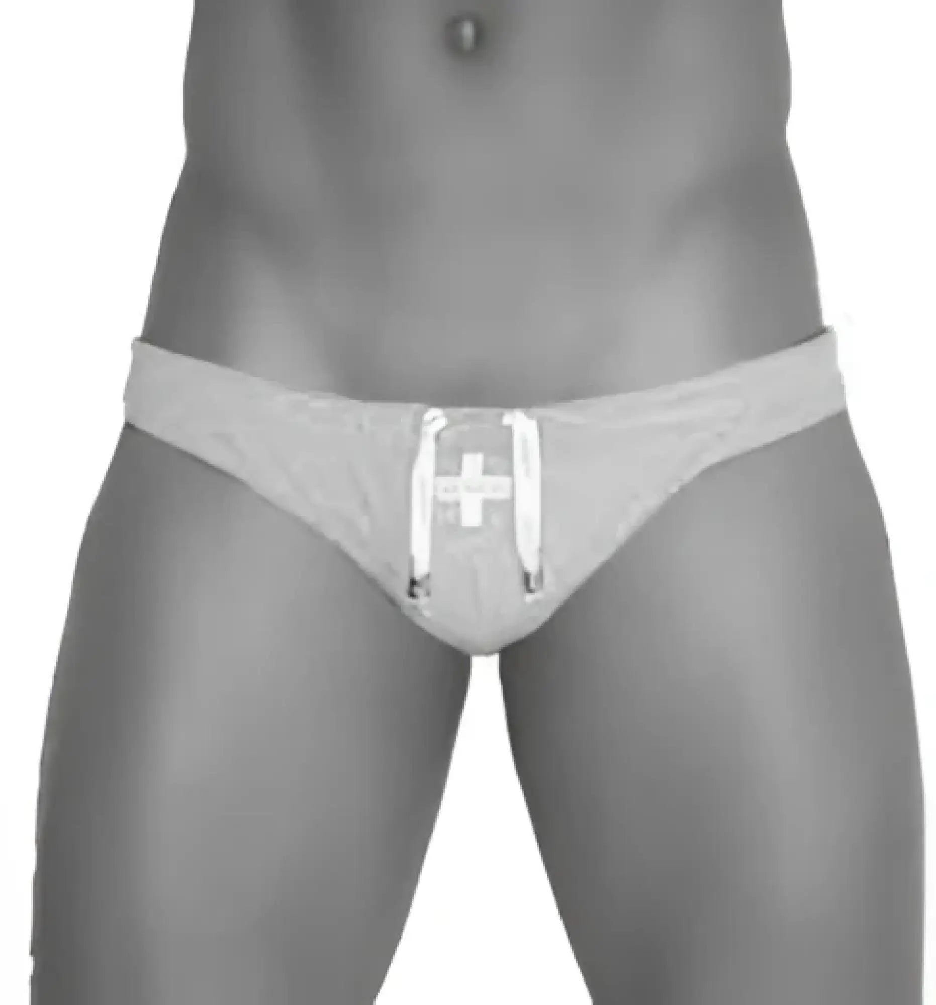 Gray athletic jock briefs with white cross emblem and drawstring ties from Icker Sea lifeguard swimwear collection