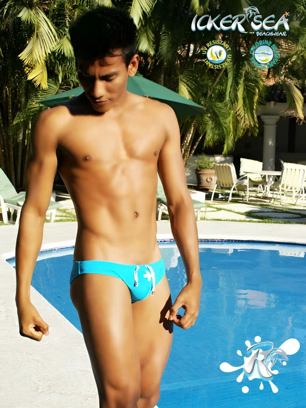 Icker Sea lifeguard jock brief swimwear in bright blue with white drawstring ties for active beach use