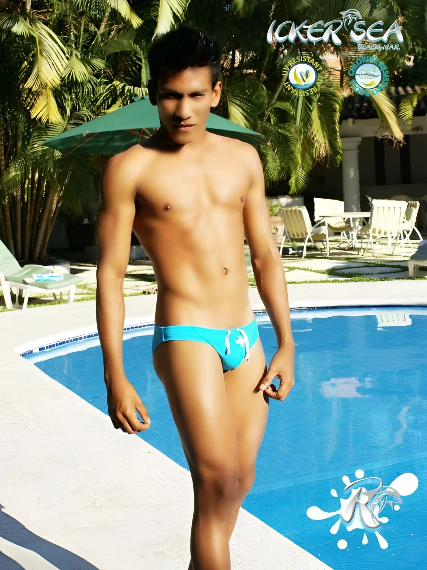 Bright turquoise icker sea lifeguard jock brief swimwear with white logo on front for swim use