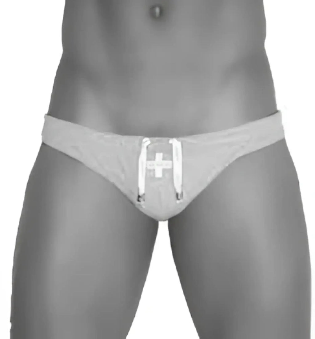 Gray icker sea lifeguard jock brief swimwear with white cross emblem and drawstring ties for athletic use