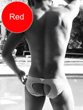 White icker sea lifeguard jock brief swimwear with a red cutout design front and back view cob-13-09