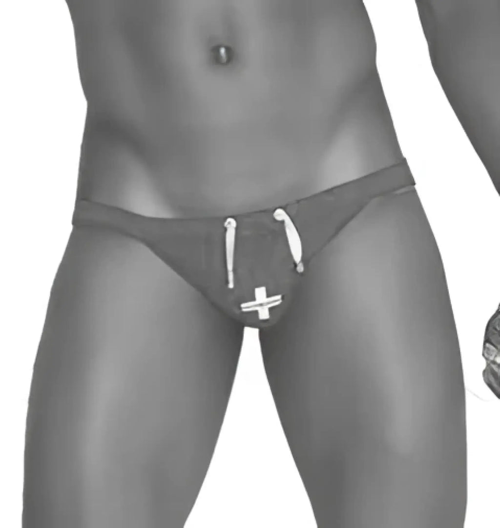 Black Icker Sea lifeguard micro slip bikini swimwear with white drawstring and cross emblem on swim trunks