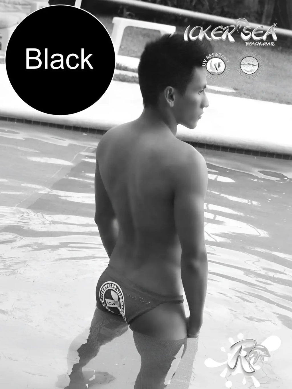 Black icker sea lifeguard micro slip bikini swimwear backside with white logo in black fabric