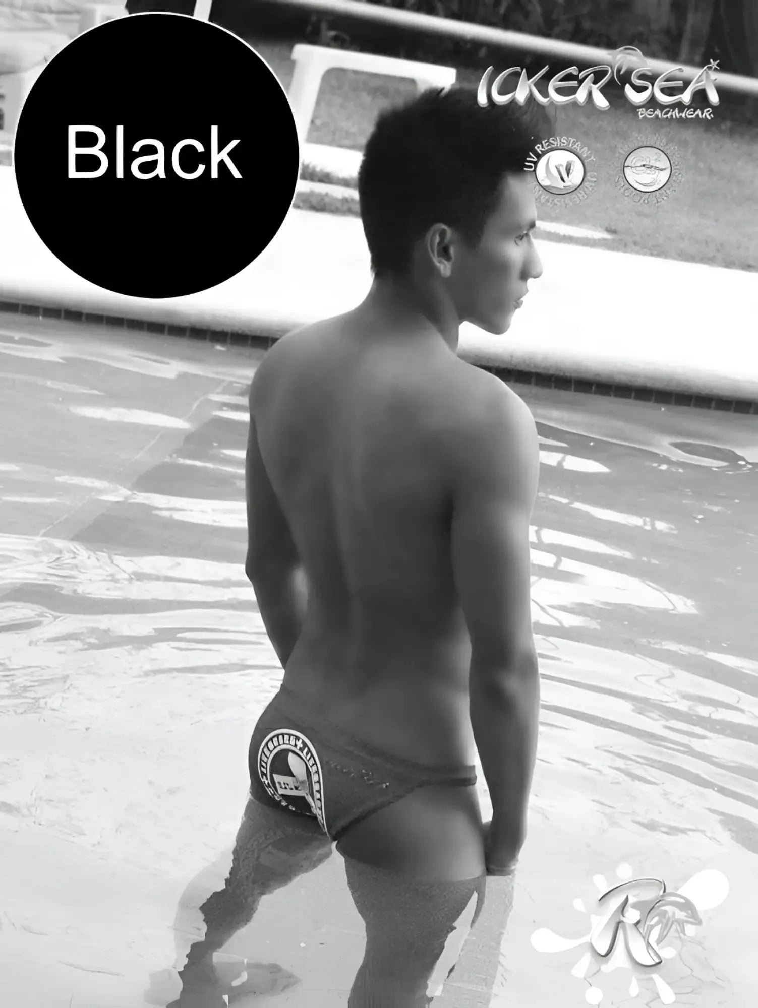 Black icker sea lifeguard micro slip bikini swimwear backside with white logo in black fabric