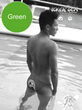 Green icker sea lifeguard micro slip bikini swimwear swim trunks back view with white logo on green fabric