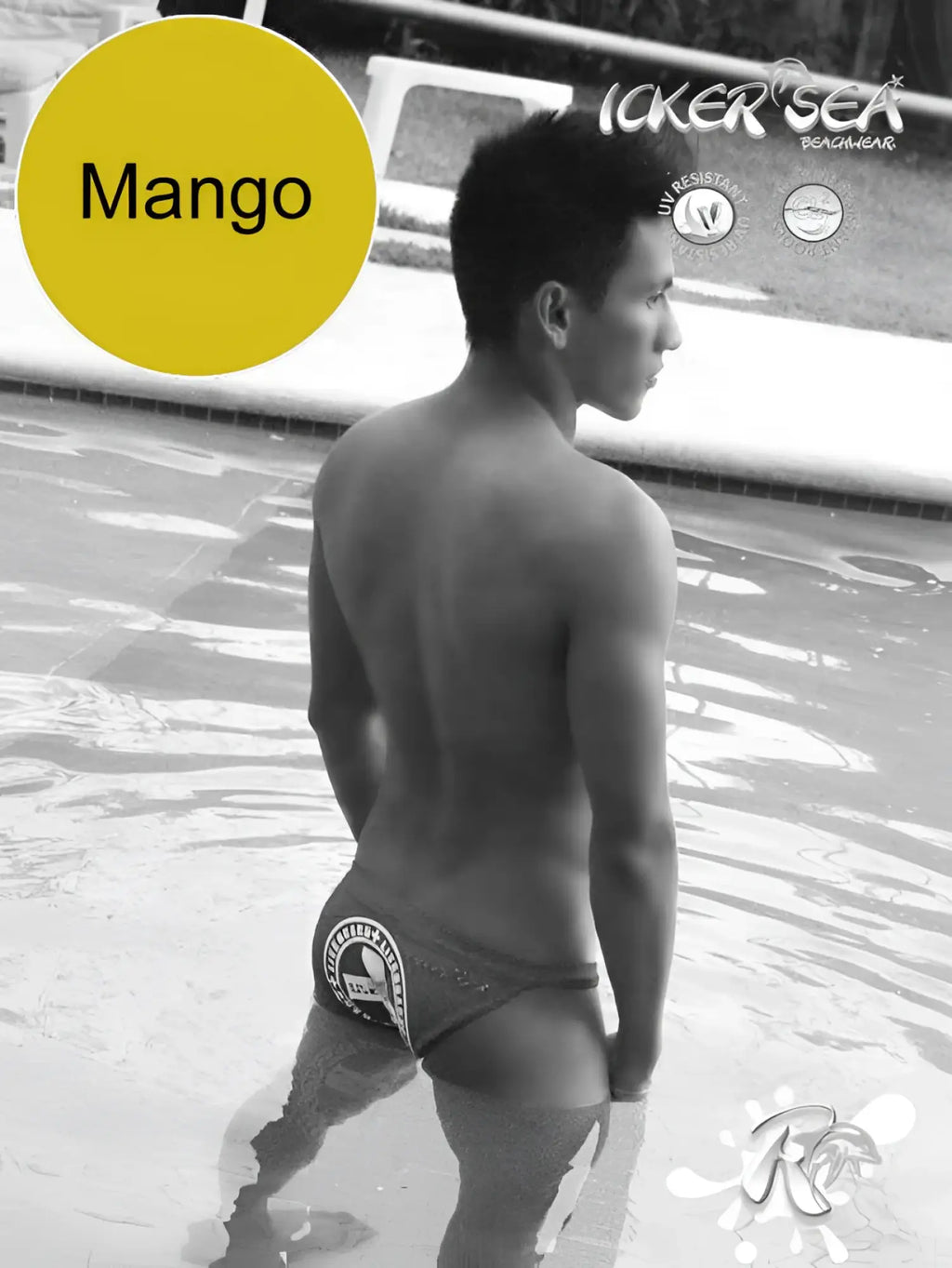 Mango swim trunks featuring a white and black logo design from Icker Sea Lifeguard micro slip bikini swimwear collection