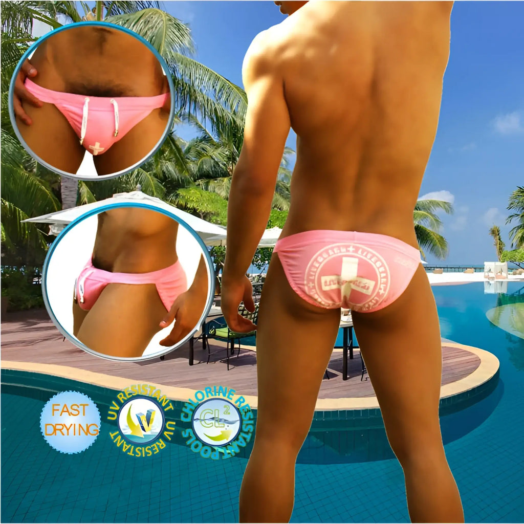Pink icker sea lifeguard micro slip bikini swimwear with white cross design and drawstring closure