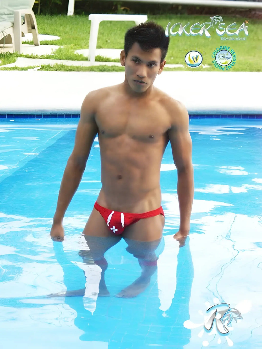 Red Icker Sea lifeguard micro slip bikini swimwear with white cross design and swim trunks style COB-13-10