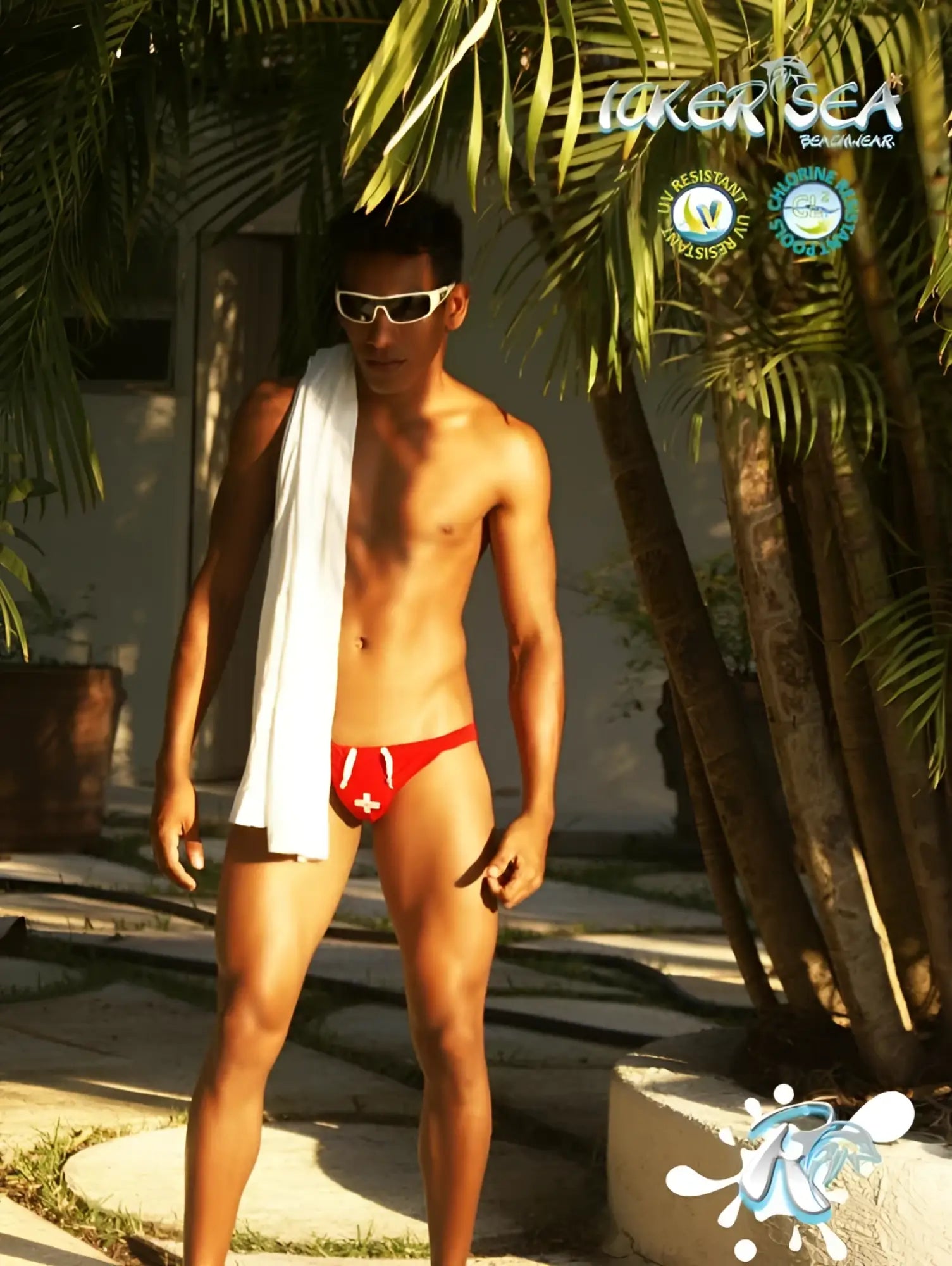 Red swim trunks with white drawstrings and a red cross emblem from icker sea lifeguard micro slip bikini swimwear red cob-13-10