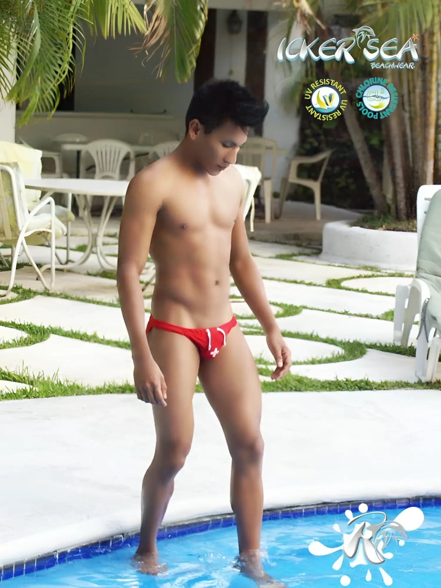 Red icker sea lifeguard micro slip bikini swimwear with white cross design and swim trunks style in red cob-13-10 color