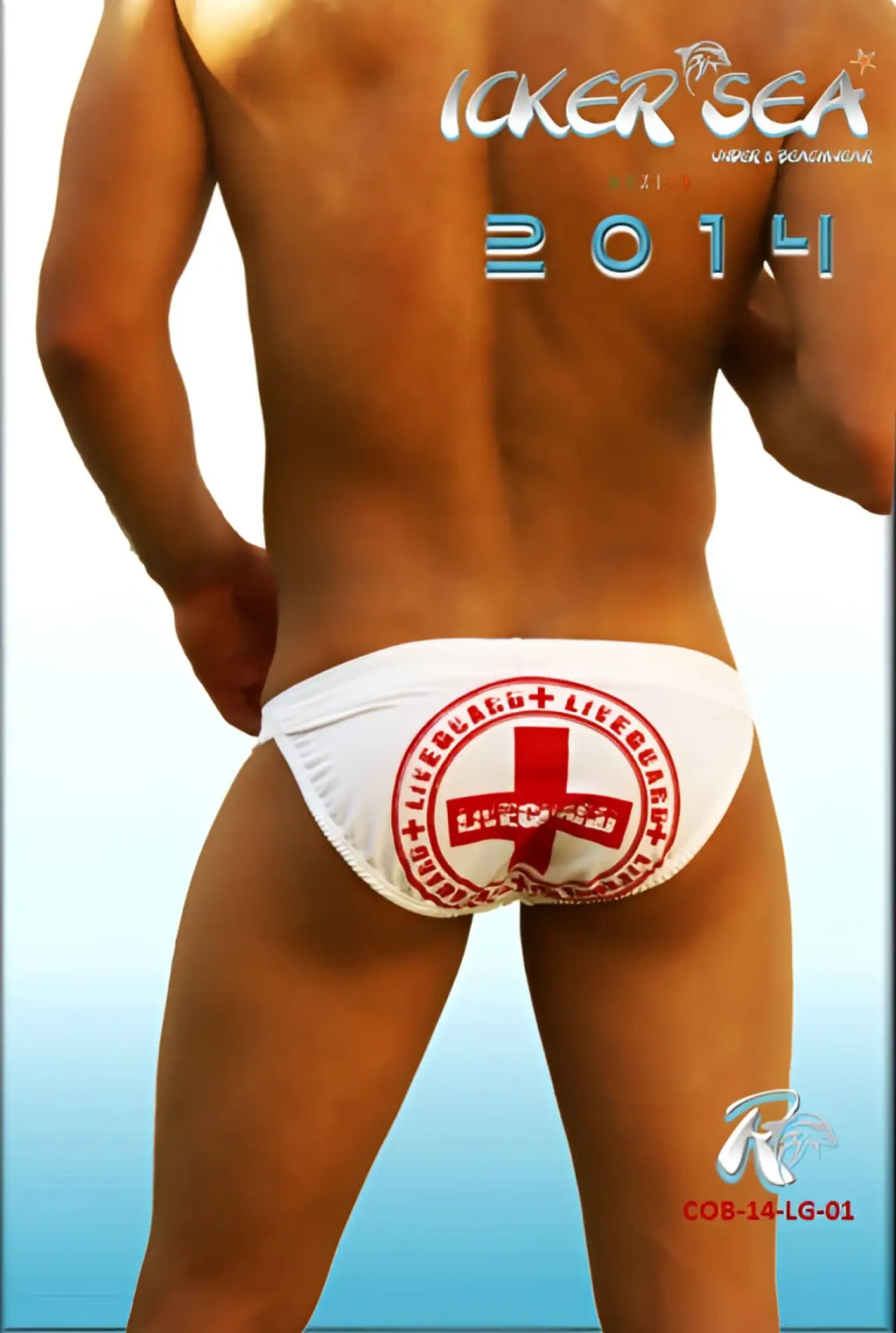 White icker sea lifeguard micro slip bikini swimwear featuring red circular emblem with cross and text