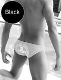 Black icker sea lifeguard slip bikini swimwear with white bird logo on swim trunks front side in black cob-13-23
