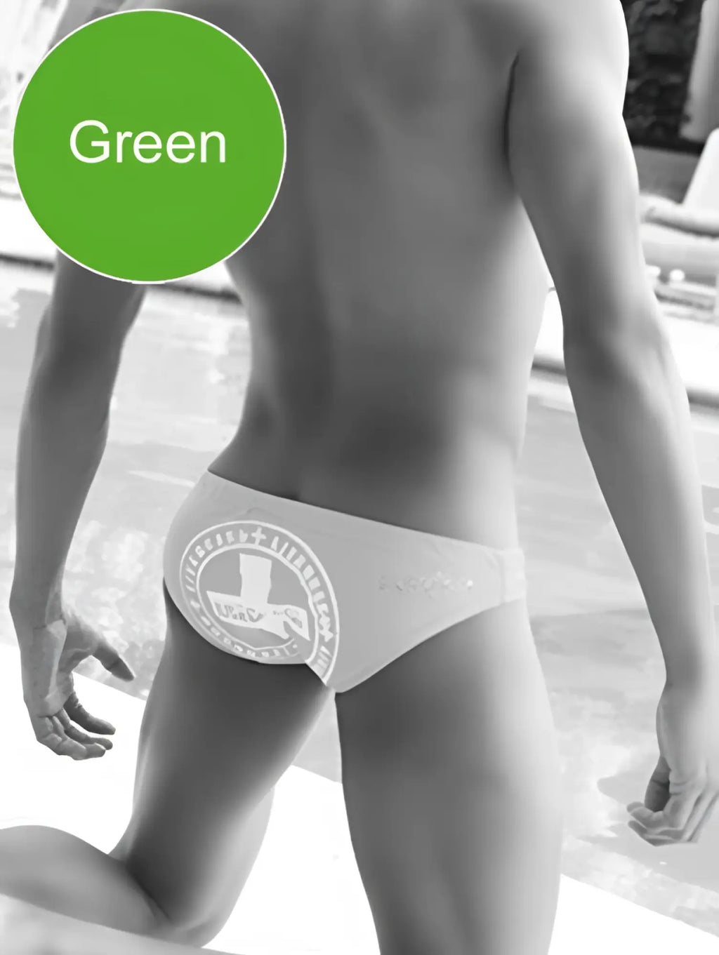 Green icker sea lifeguard slip bikini swimwear with white circular logo featuring a stylized figure and text