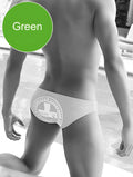 Green icker sea lifeguard slip bikini swimwear with white circular logo featuring a stylized figure and text