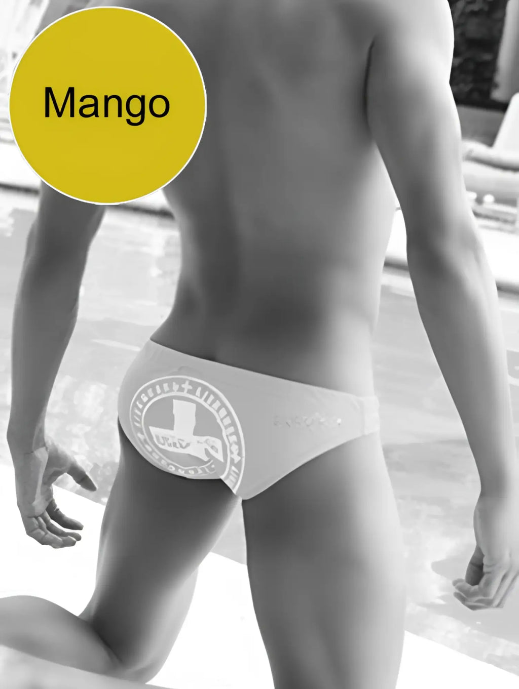 White men’s swim trunks with a circular logo emblem in mango color from icker sea lifeguard slip bikini swimwear collection
