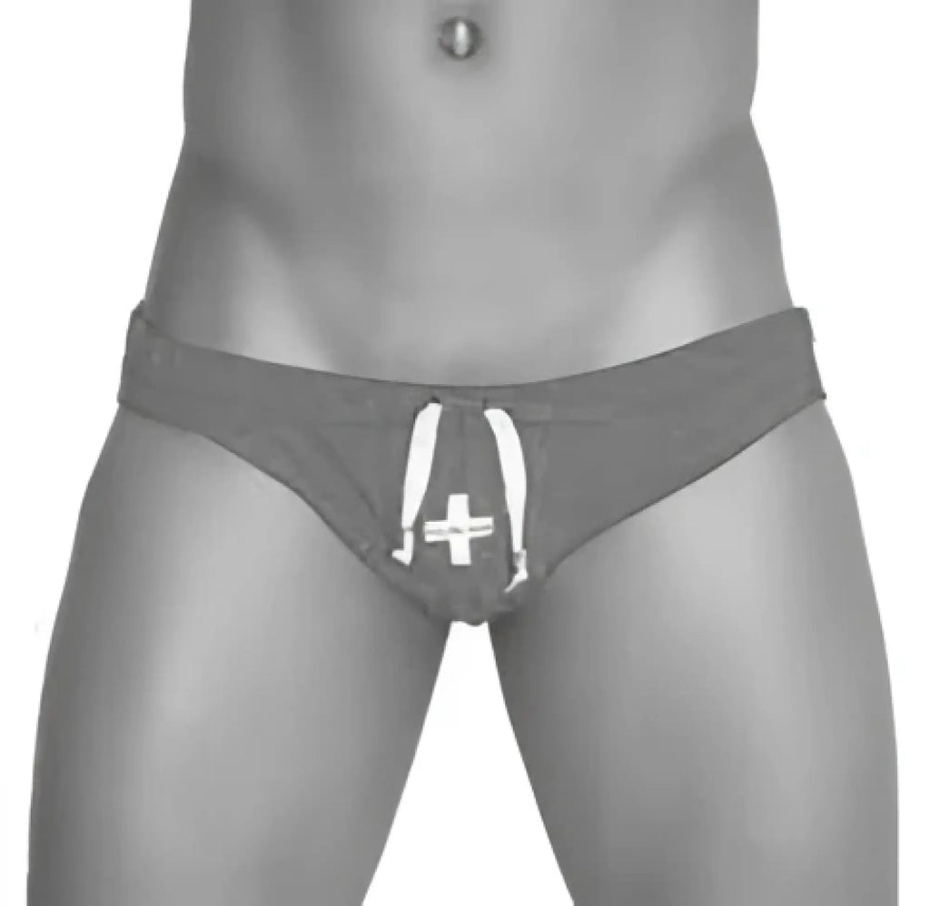 Gray athletic briefs with white drawstring and cross emblem from icker sea lifeguard slip bikini swimwear pink cob-13-23