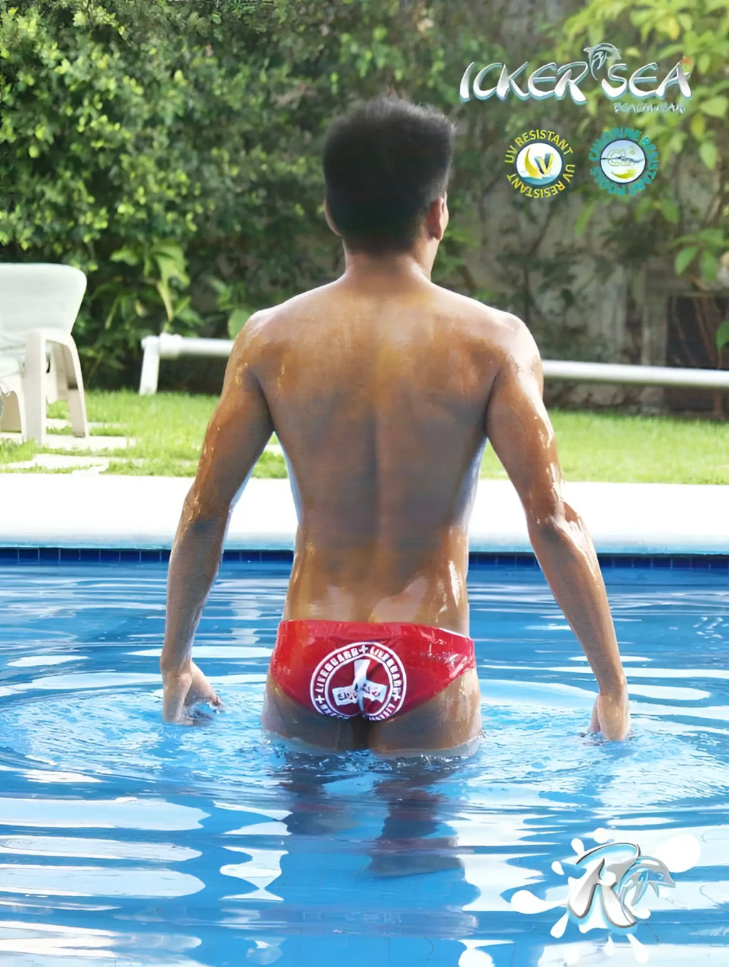 Red swim trunks with a white circular logo from icker sea lifeguard slip bikini swimwear in red cob-13-23