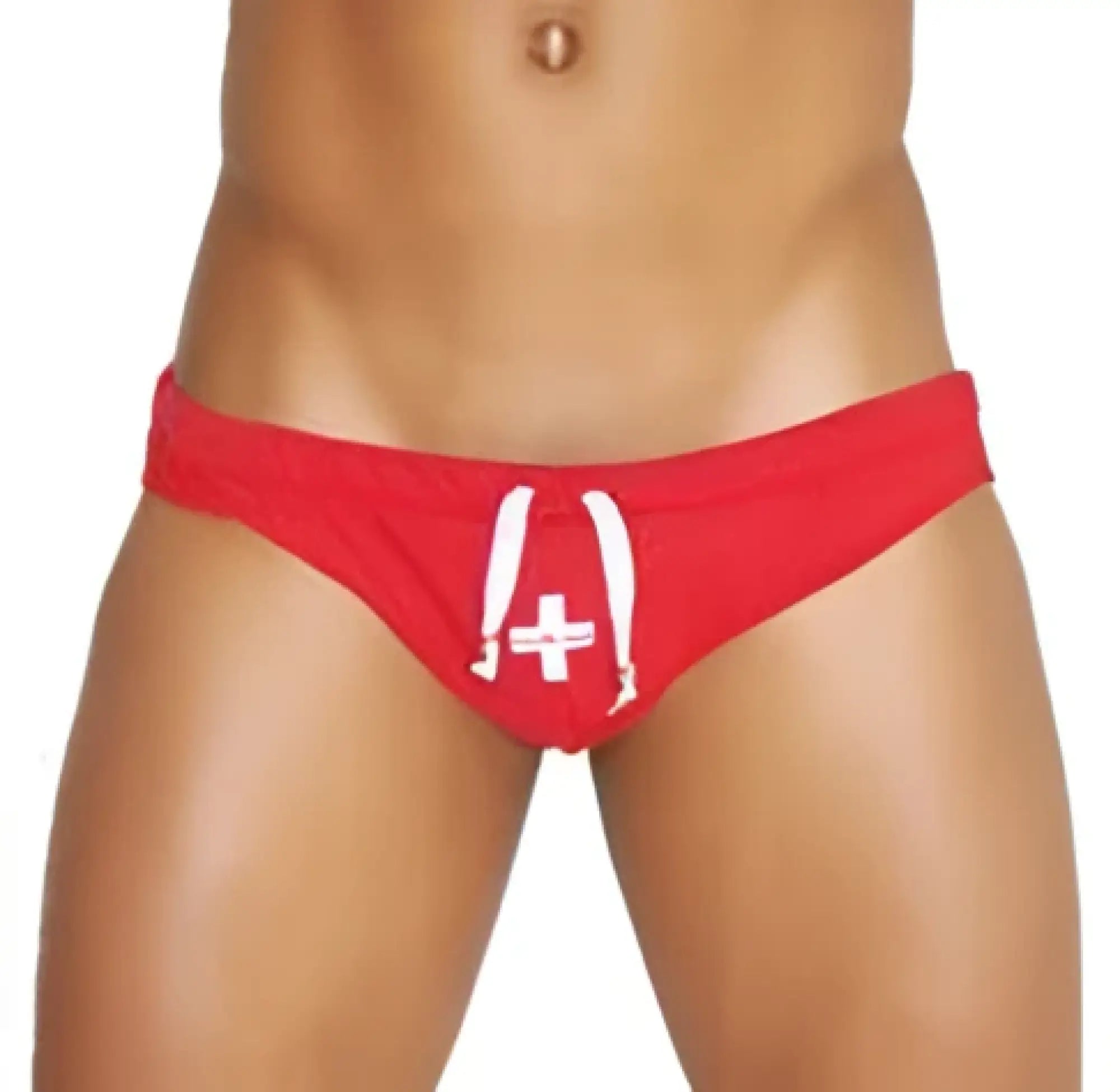 Red swiss flag-themed briefs with white cross and drawstring by icker sea lifeguard slip bikini swimwear red cob-13-23