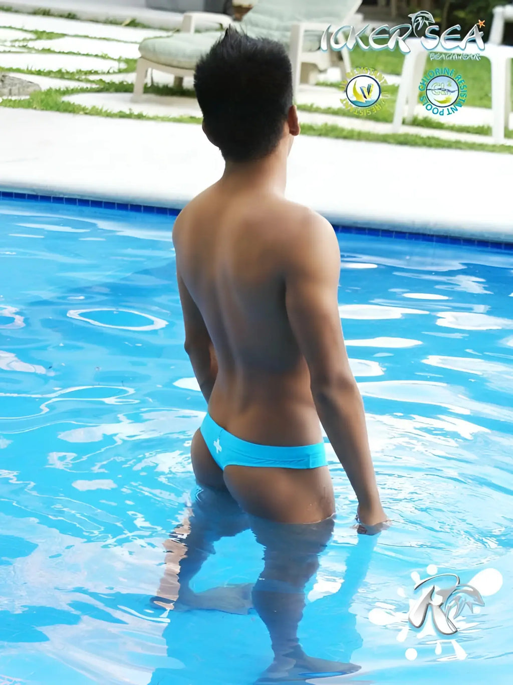 Icker sea lifeguard stitching tanga thong swimwear in bright blue with a white star emblem for swimwear use