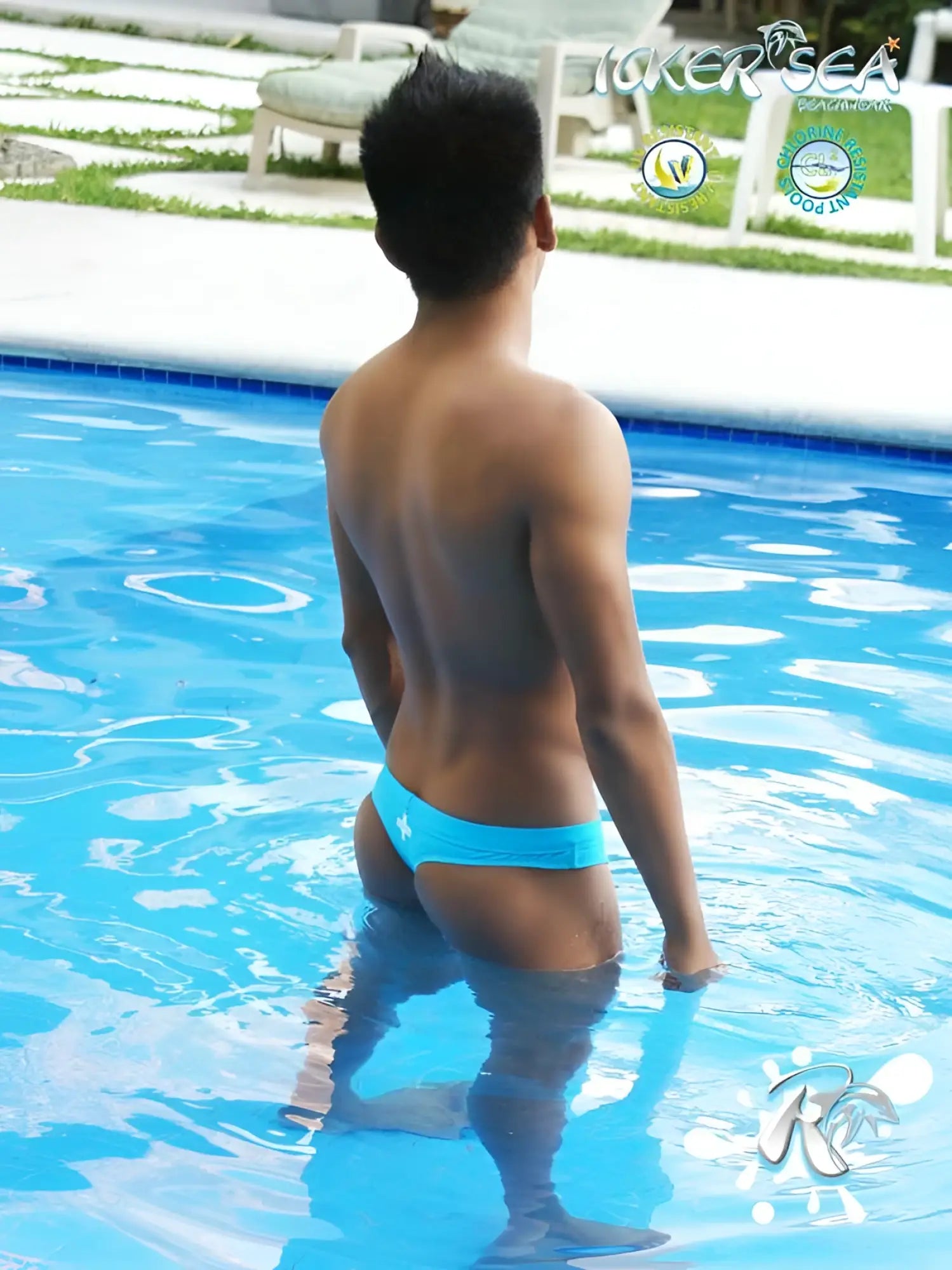 Icker sea lifeguard stitching tanga thong swimwear in bright blue with a white star emblem for swimwear use