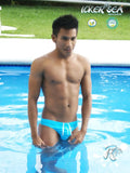 Bright blue icker sea lifeguard stitching tanga thong swimwear with white drawstrings front view