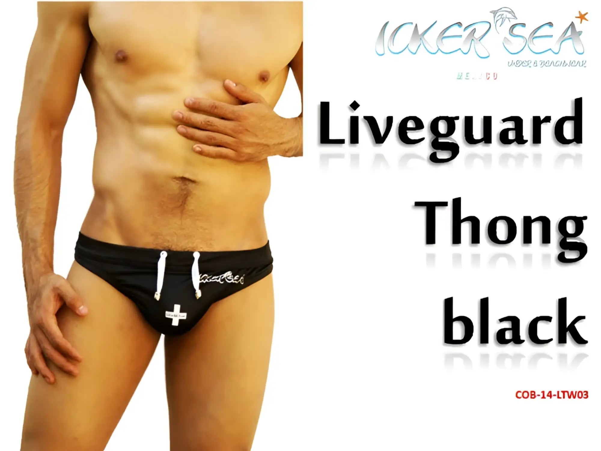 Black Icker Sea lifeguard tanga thong swim trunks with white drawstrings and a cross emblem front view