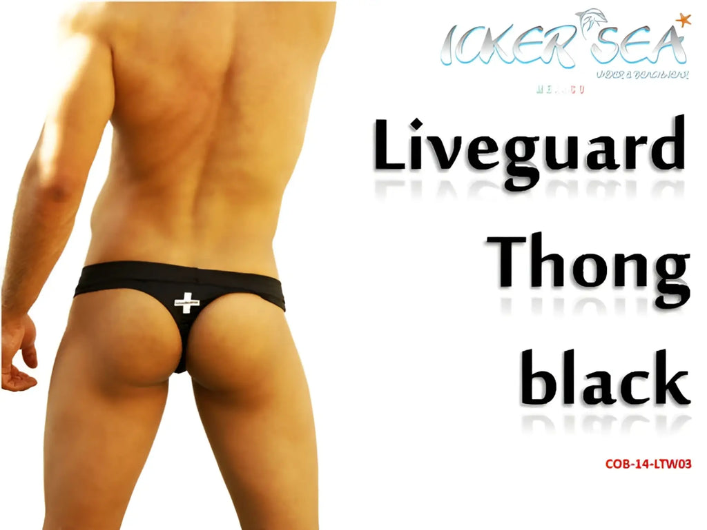 Black icker sea lifeguard tanga thong swimwear with white cross emblem showing back side design