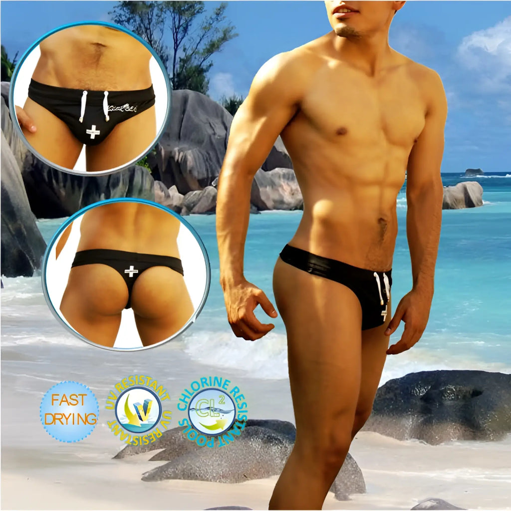Black icker sea lifeguard tanga thong swimwear with white drawstrings and cross emblem front side view