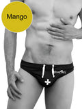 Black Icker Sea lifeguard tanga thong swimwear with white drawstrings and cross emblem for beachwear
