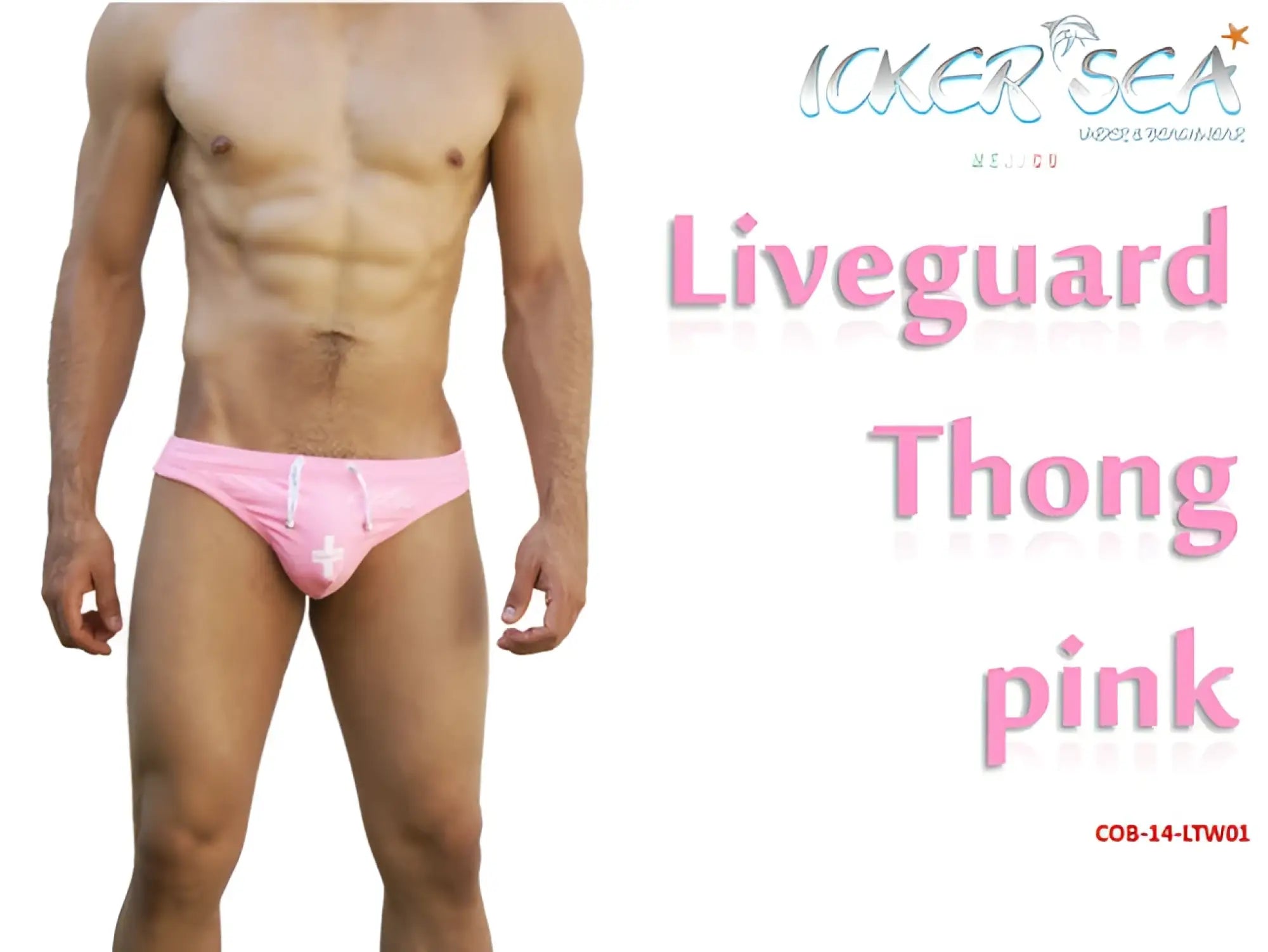 Pink icker sea lifeguard tanga thong swimwear with white drawstring and cross detail for beachwear use