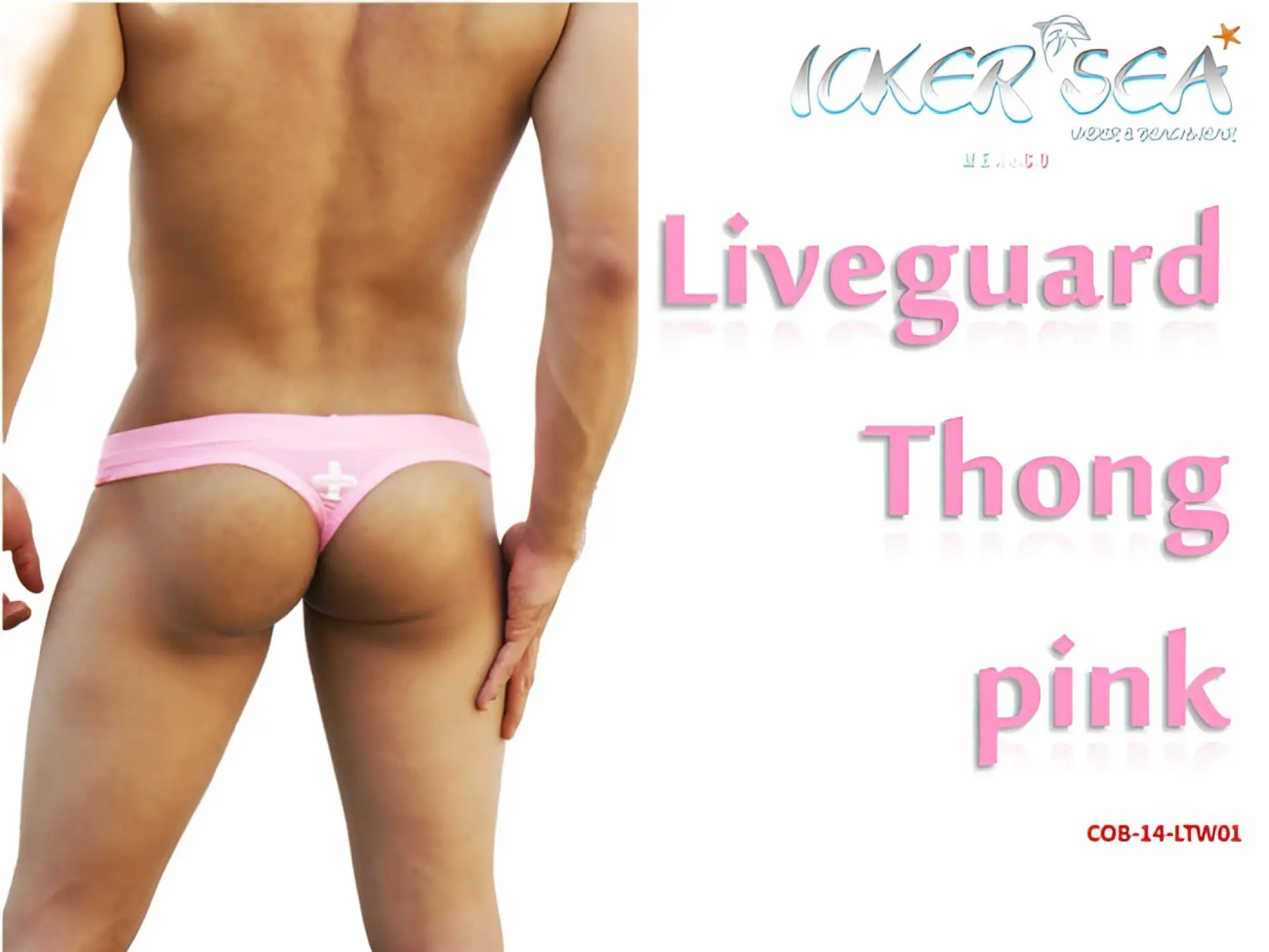 Pink icker sea lifeguard tanga thong swimwear back side with small white cross design on pink fabric