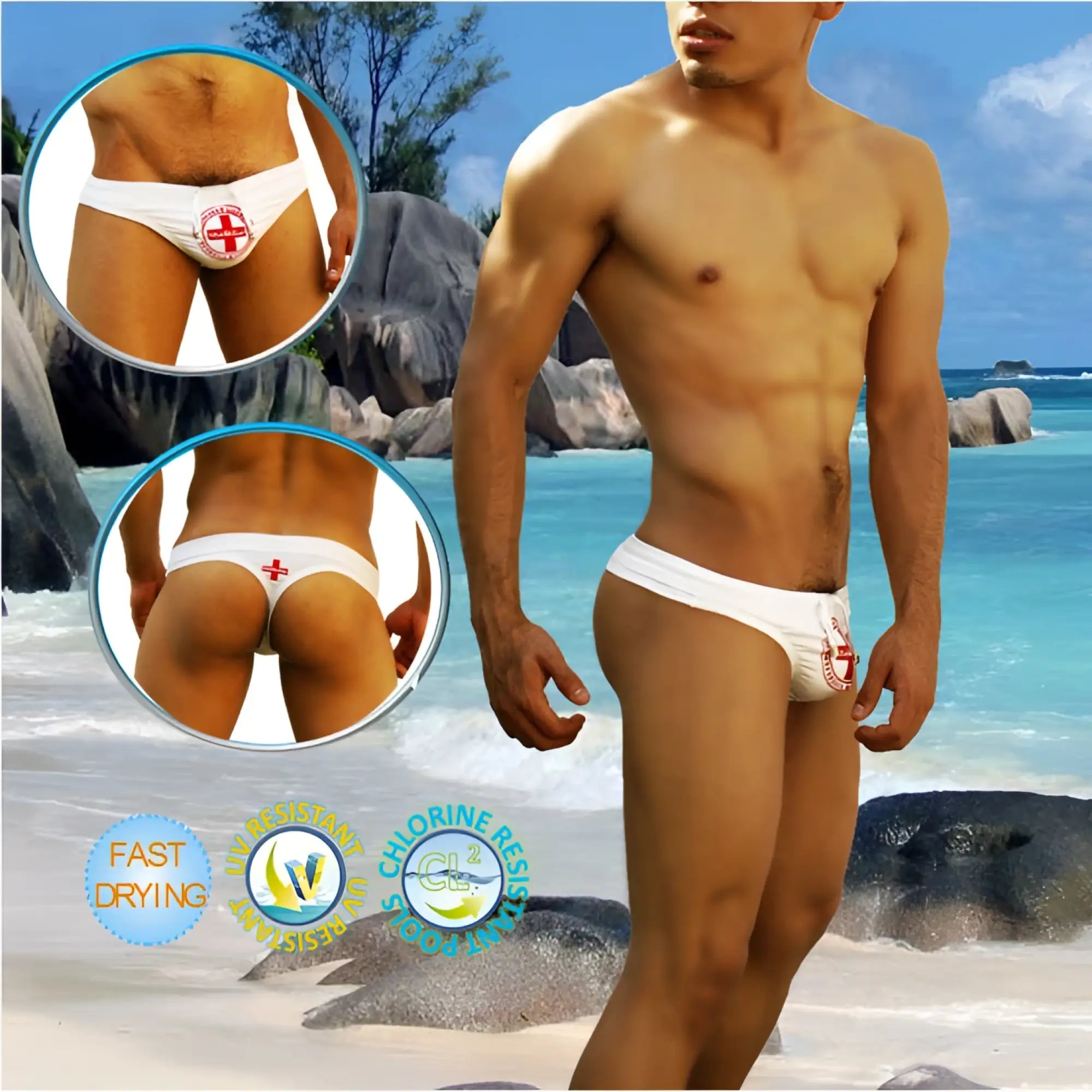 White icker sea lifeguard tanga thong swimwear with red cross emblem on the front for swim and beach use