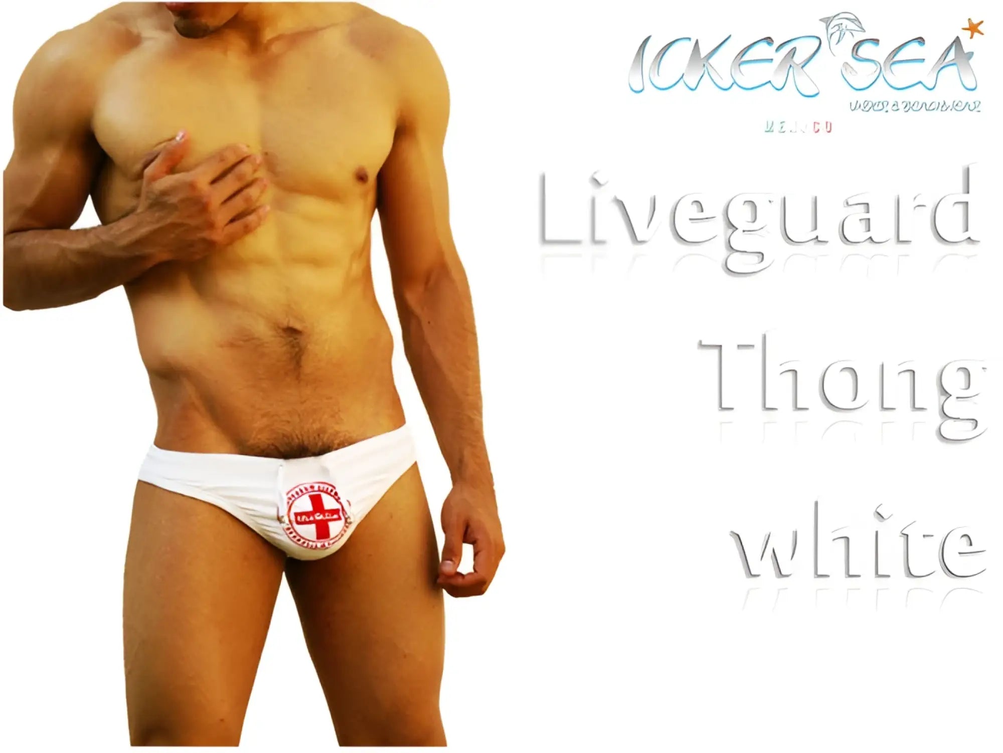 White thong swim trunks with red cross emblem and liveguard text by icker sea for lifeguard use