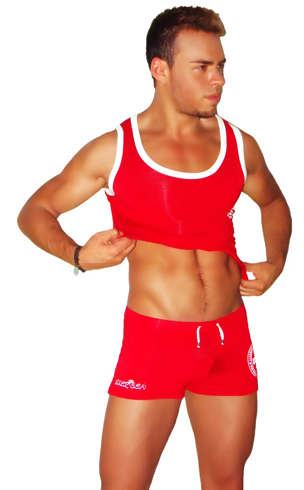 Icker Sea Red lifeguard tank top with white trim and logo on left chest designed for athletic use