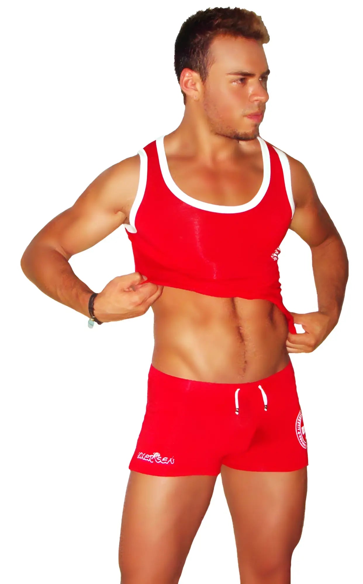 Icker Sea Red lifeguard tank top with white trim and logo on left chest designed for athletic use