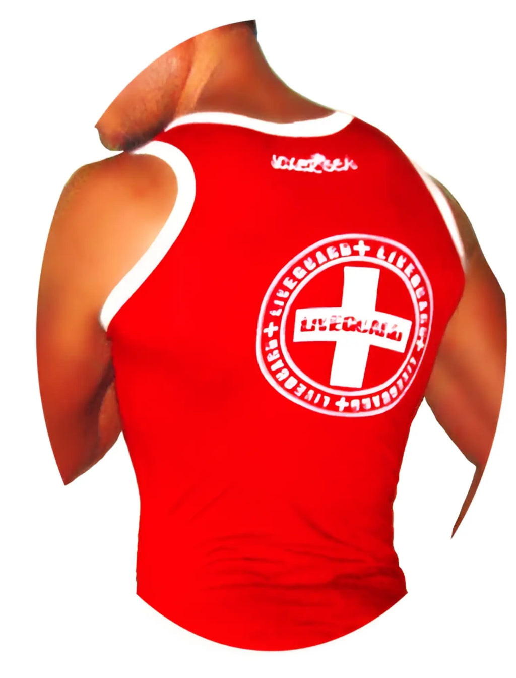 Image of the back side of a red icker sea lifeguard tank top tshirt with white trim and a circular life saver emblem