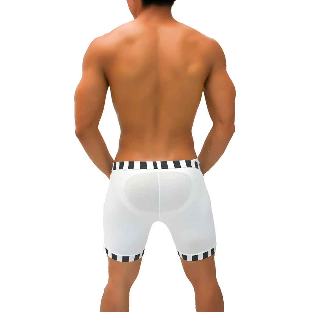White athletic shorts with black and white candy stripe trim and padded back panel from Icker Sea Lines SHR-21-01