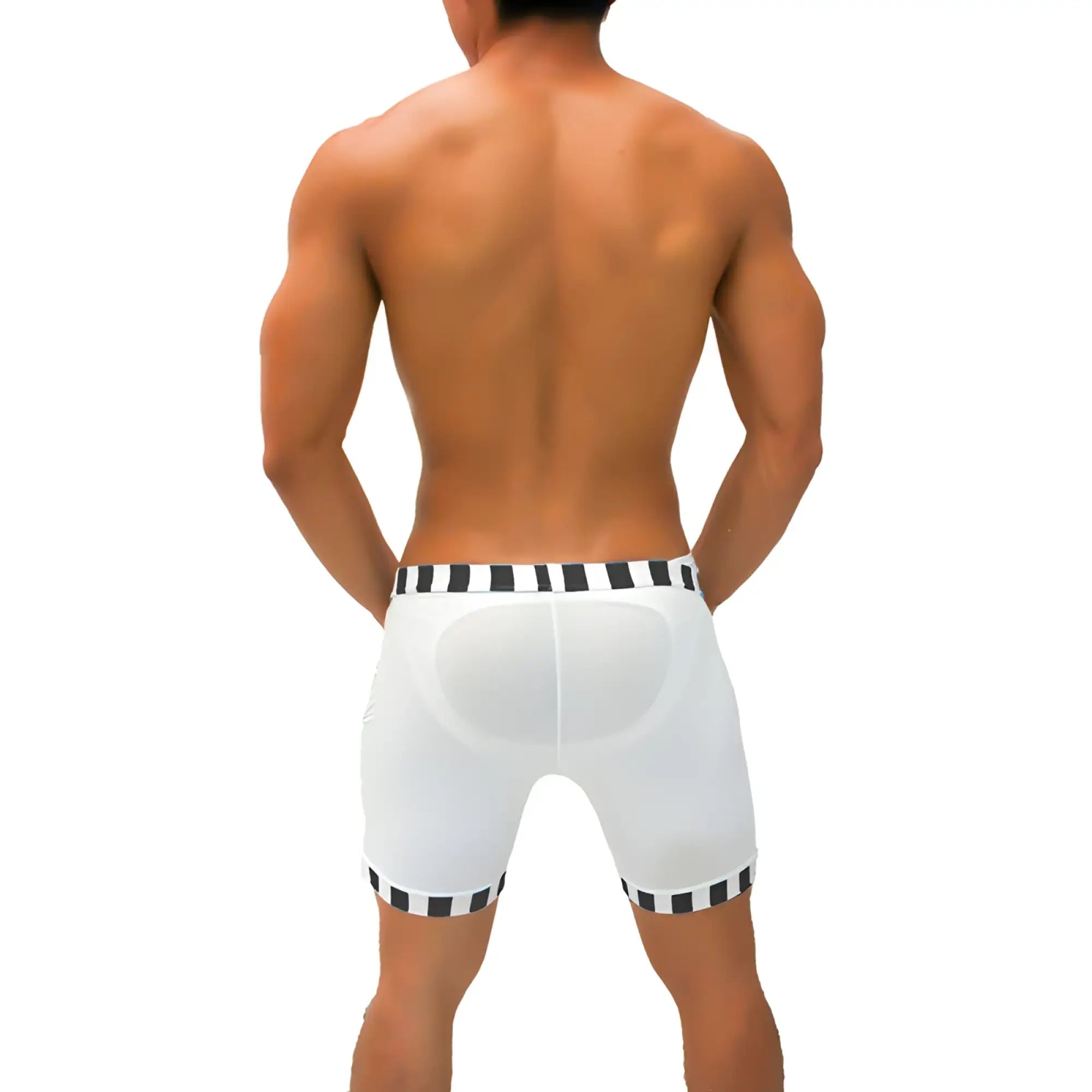 White athletic shorts with black and white candy stripe trim and padded back panel from Icker Sea Lines SHR-21-01