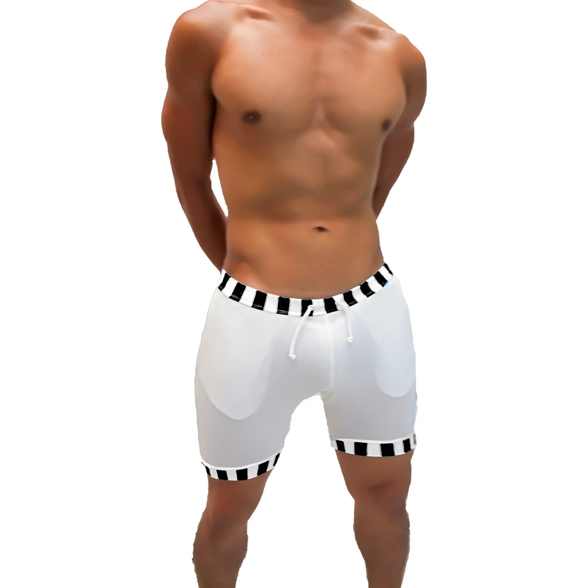 White athletic shorts with black and white striped waistband and hem and drawstring closure from Icker Sea SHR-21-01